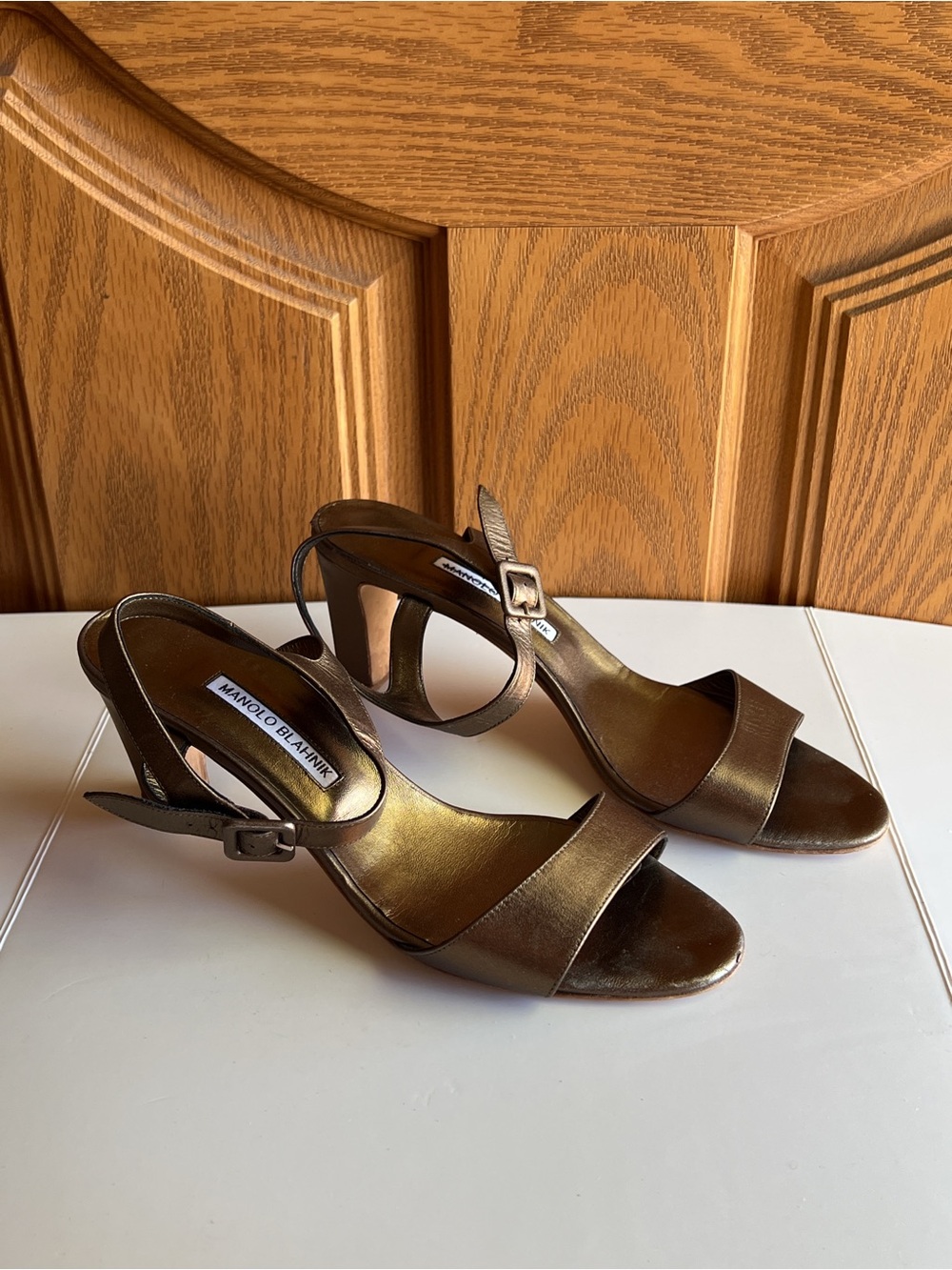Manolo Blahnik Metallic Copper Leather Slingback Block Heels Bronze Antique Gold